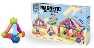 Jeu de construction magnétique 128 pièces cubes-barres-blocs et bâtonnets