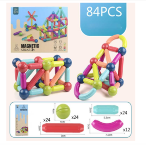 Jeu de construction magnétique 84 pièces cubes-barres-blocs et bâtonnets magnétiques